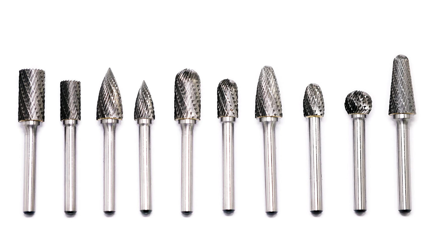 10pcs Carbide Burrs Set with 1/4'' Shank Double Cut Solid Power Tools Tungsten Carbide Rotary Files Bits for Die Grinder Metal Wood Carving Engraving Polishing Drilling Grinding Milling Cutting