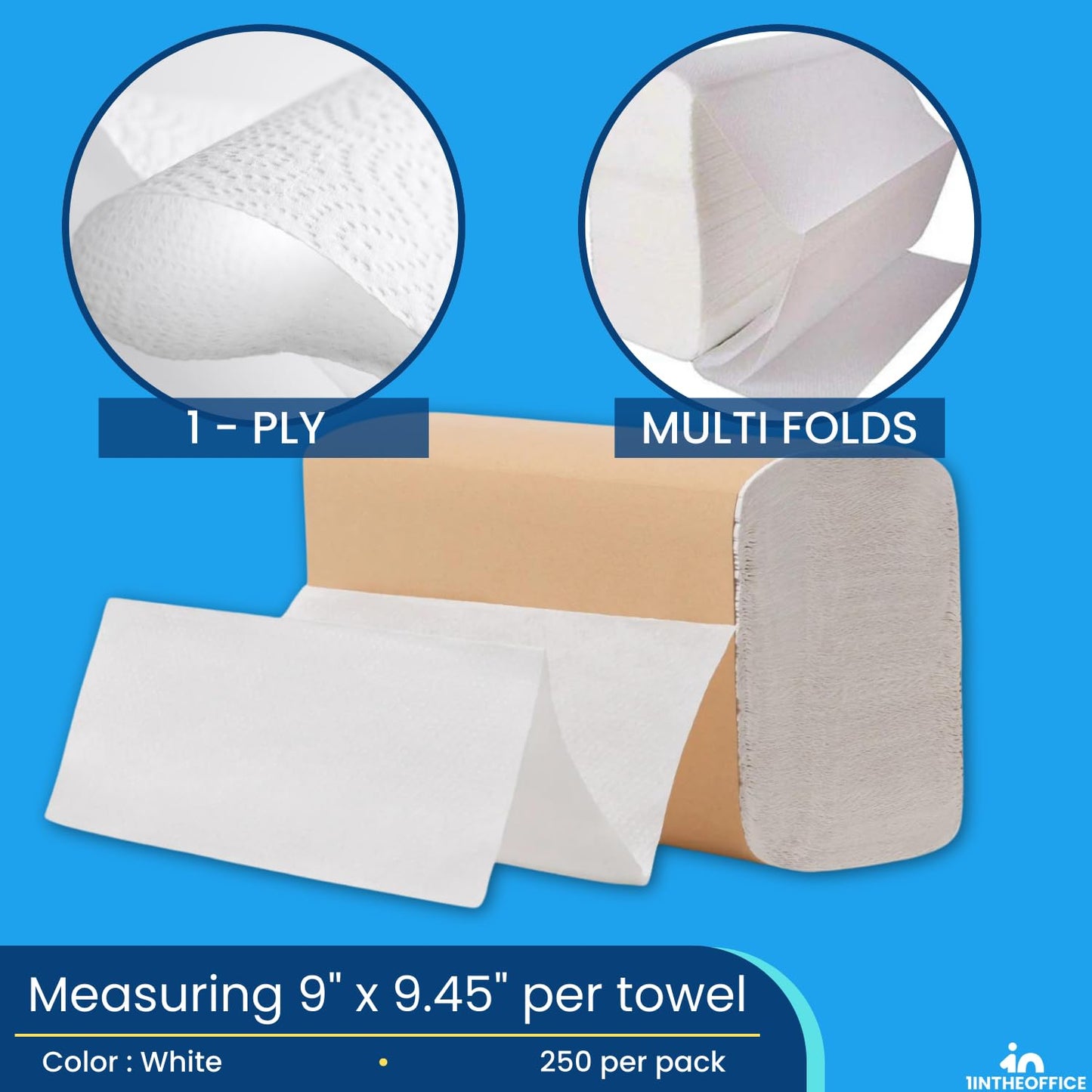 1InTheOffice Multifold Paper Towels, Paper Hand Towels for Bathroom, Folded Paper Towels, 1-Ply, 9" x 9.45", 250 Towels/Pack, 4 Pack