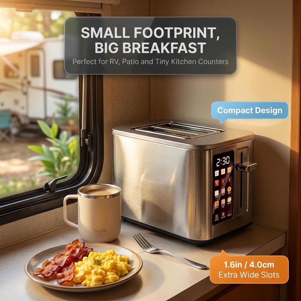 2026 Upgraded TAZTIR Touch Screen Toaster 2 Slice, Premium Stainless Steel Digital Bread Toaster with Timer, 1.5'' Wide Slot, 6 Shade Settings & 6 Bread Types, Bagel Defrost Reheat Cancel Functions