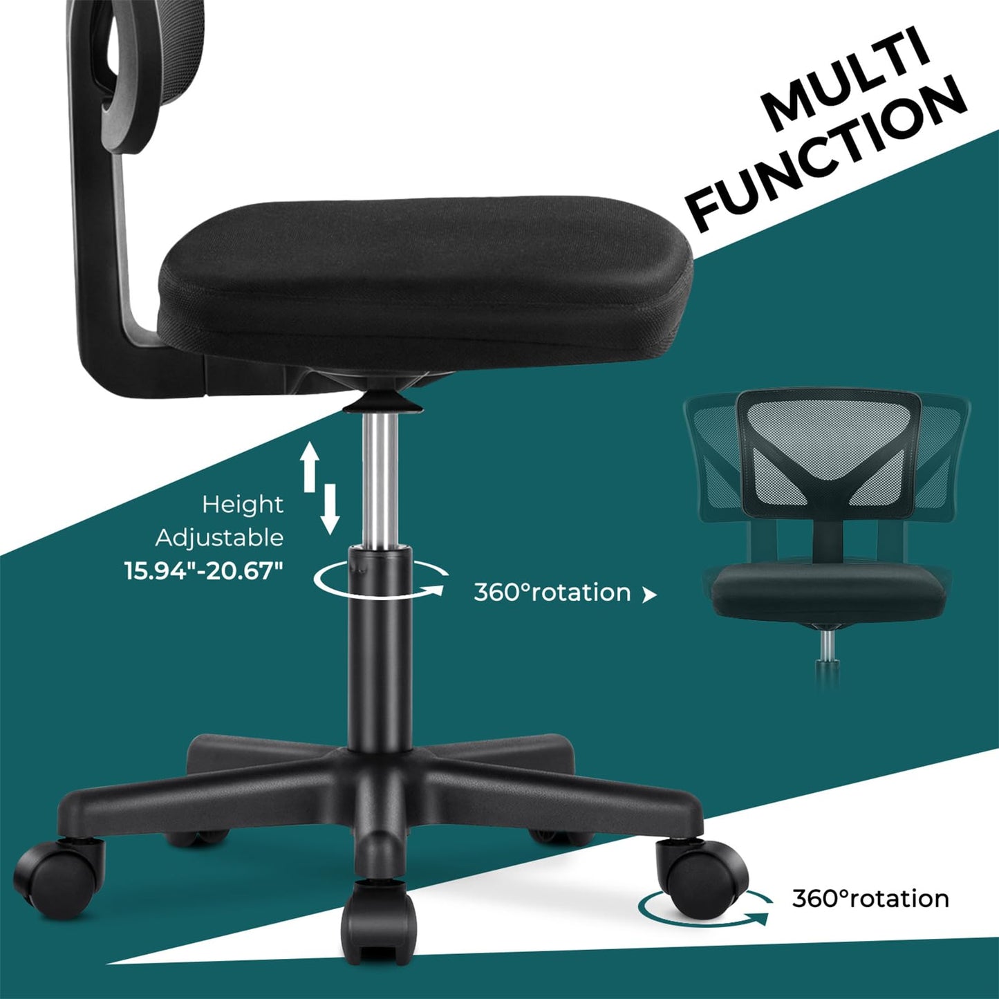 DUMOS Armless Office Chairs with Wheels, Ergonomic Adjustable Home Desk Swivel Rolling Task Chair No Arms, Comfy Mesh Mid Back Computer Work Vanity Desk Chairs for Small Spaces, New Black