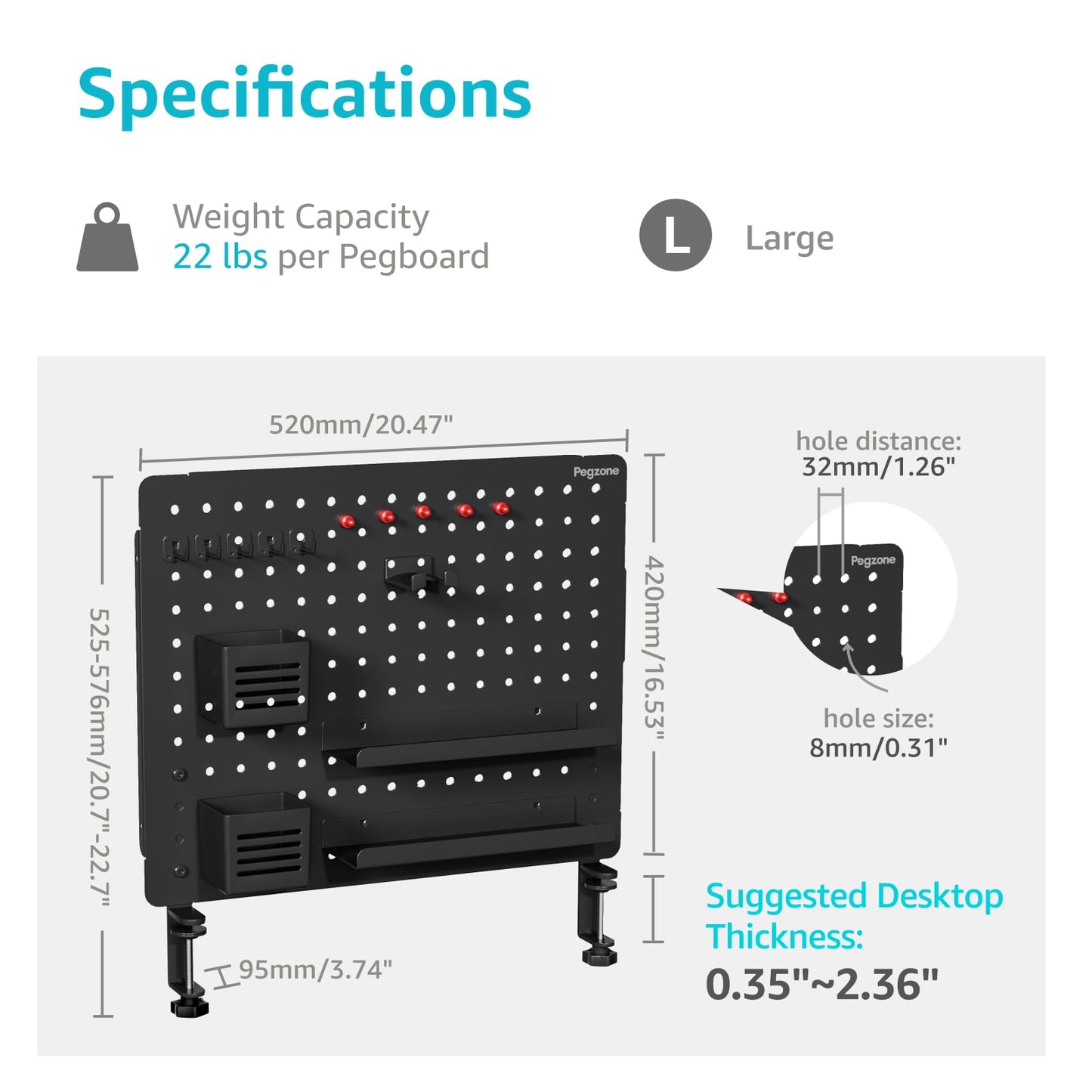PEGZONE Clamp-on Desk Pegboard, Desk Organizer for Office Gaming Home, Magnetic Metal Peg Board with 15 Accessories, Privacy Panel for Office, 20.4" x 16.5", Large, Black