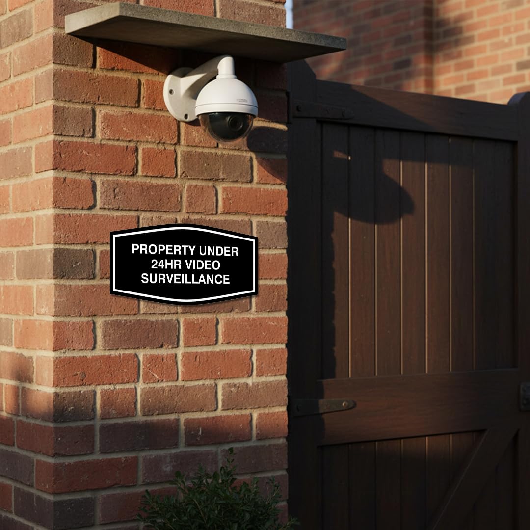 All Quality Fancy Property Under 24Hr Video Surveillance Sign | Property Security Sign with Easy Installation | 24/7 Security Monitoring (Black/Gold) - Small 5 Pack