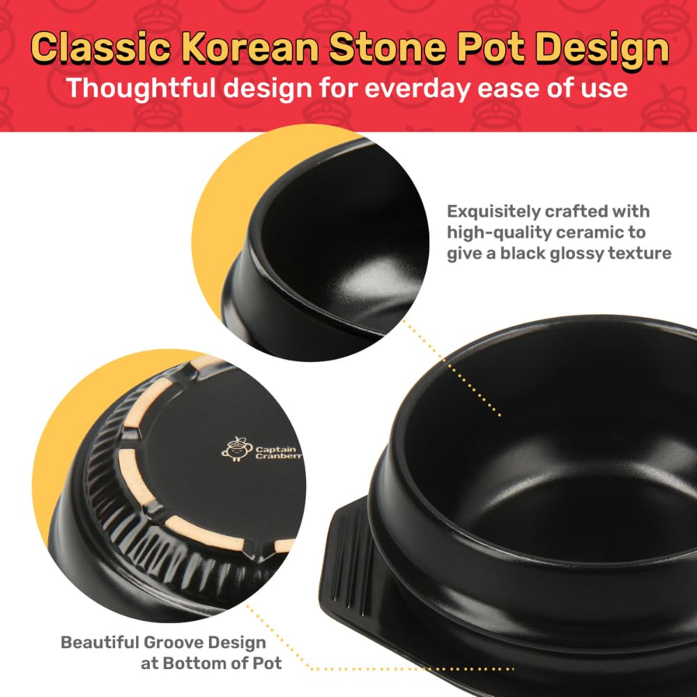 Captain Cranberry Korean Stone Pot Set (7-piece, 38.7oz with Hot Pot Grip), Ttukbaegi, Dolsot, Korean Soup Bowl, Ceramic Pots for Cooking, Soup Pot, Earthenware Claypot, Bibimbap, Ramen
