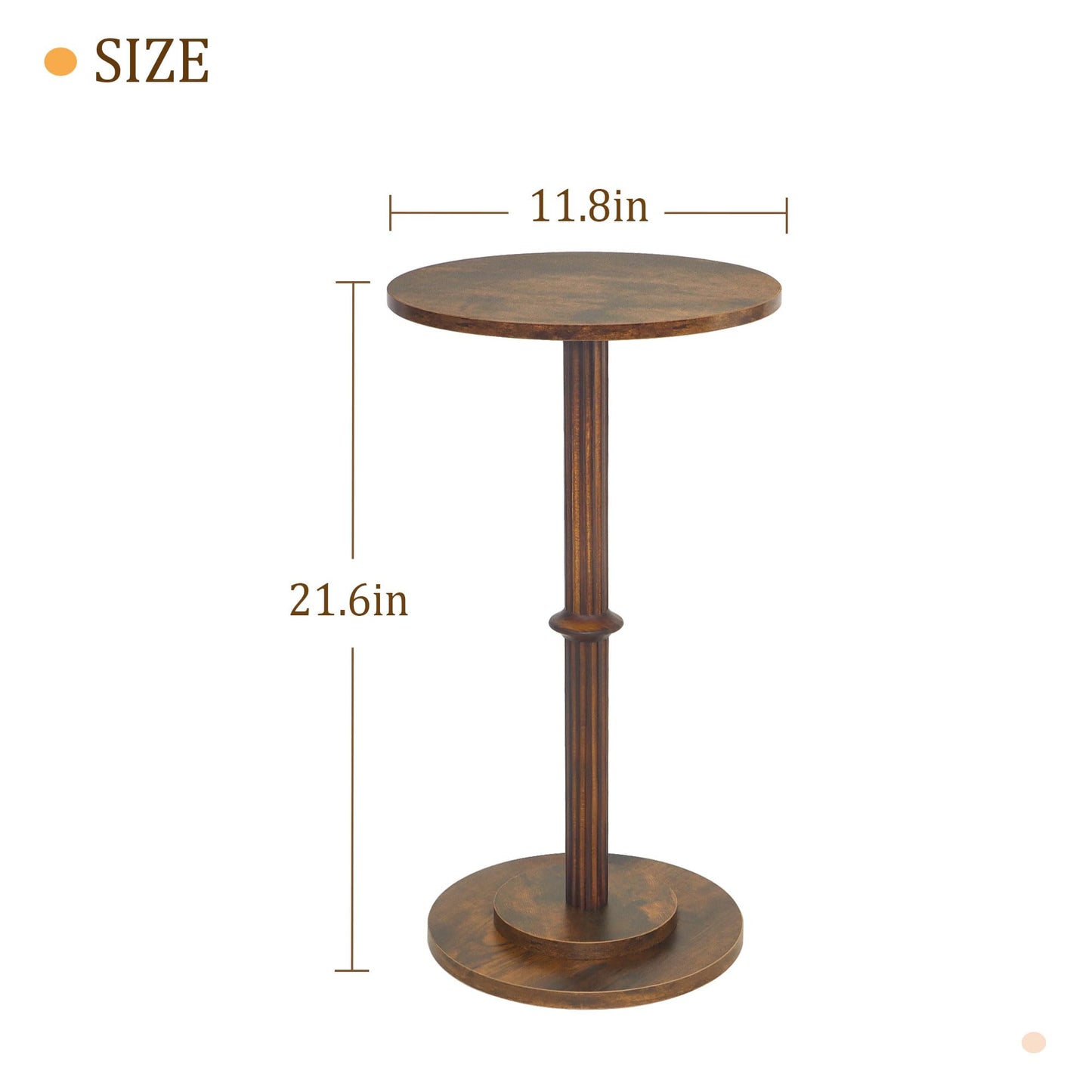 MaxSmeo Drink Table, Small Side Table for Small Spaces, Modern Round End Table with Fluted Wood Leg, Rustic Brown