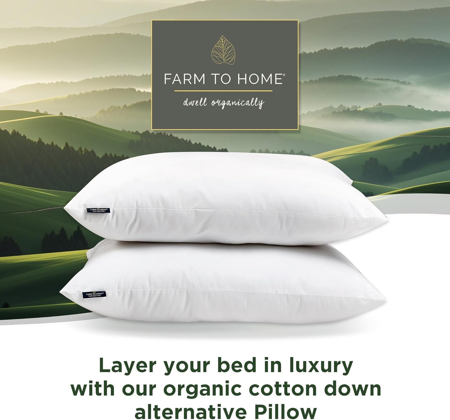 Farm To Home 100% Organic Cotton Cover Pillows Queen/Standard Size Set of 2, Down Alternative Hotel Quality Soft Bed Pillow for Back & Side Sleepers, Machine Washable, 20"x28", White