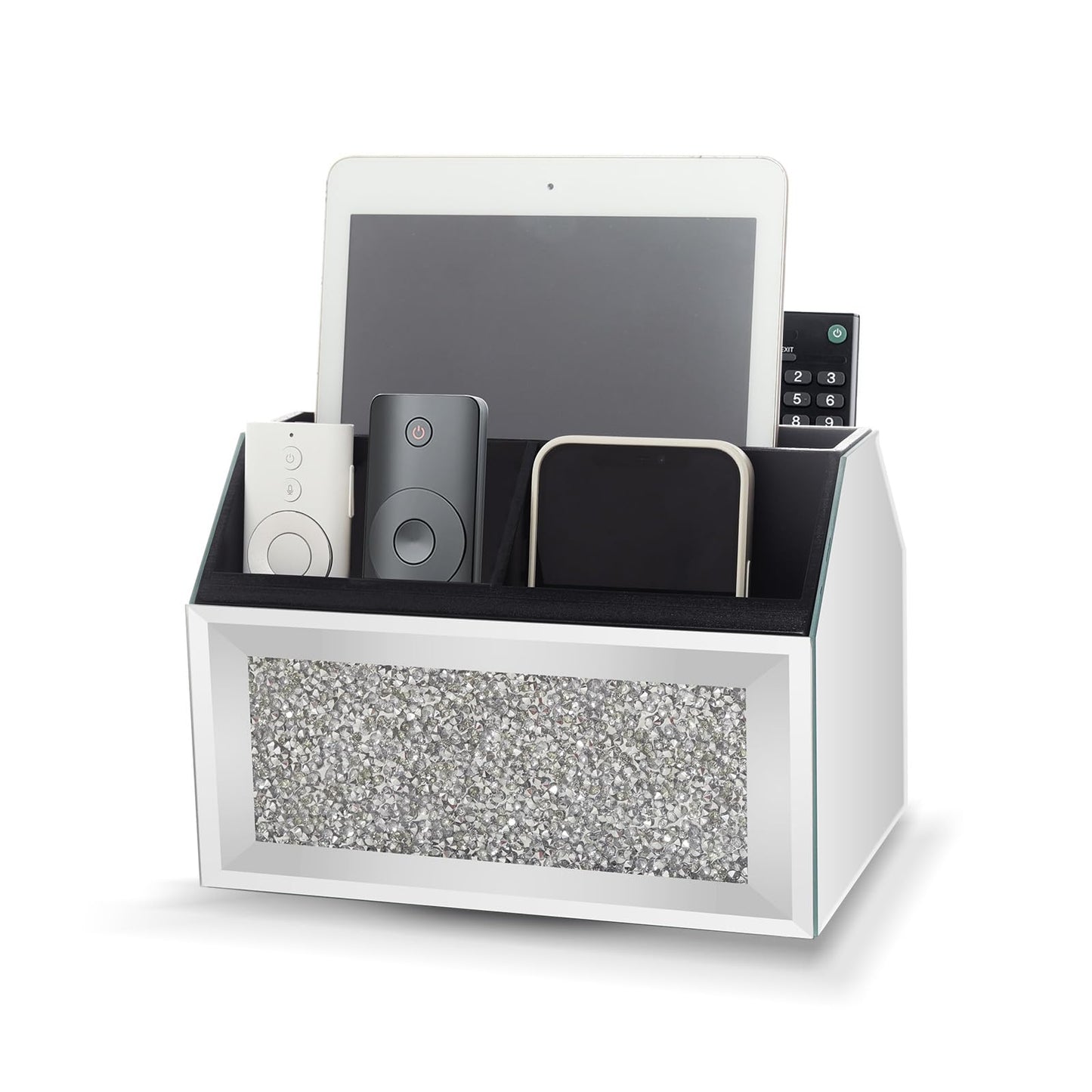 SWTHONY 360 Rotating TV Remote Control Holder Storage Caddy for Pad Phone Pen and Pencils, Makeup Brush, Silver Crushed Diamond Desk Organizer for Bedroom Livingroom