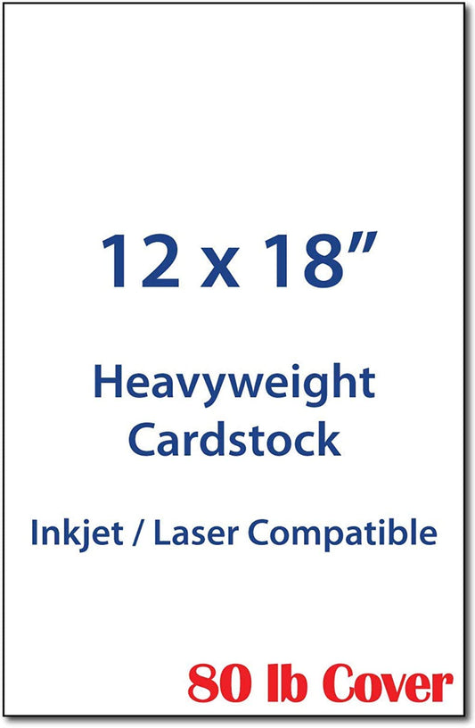 12" x 18" Cardstock Sheets for Inkjet or Laser Printers - Heavy 80lb Cover Matte Finish White - Great for Flyers, Menu's, Posters, Covers (100 Sheets)