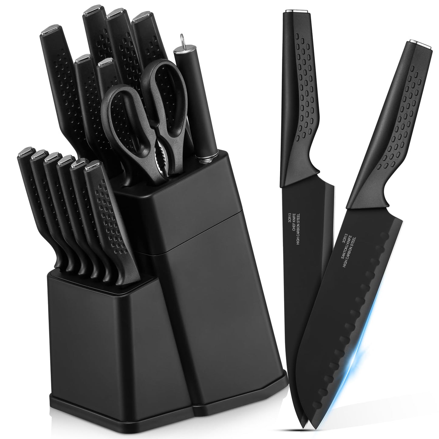E-far Knife Set, 15-Piece Kitchen Knife Block Set with Sharpener, High Carbon Steel Chef Paring Steak Knives with Ergonomic Non-Slip Handle, Anti-Rust & Razor Sharp, Black