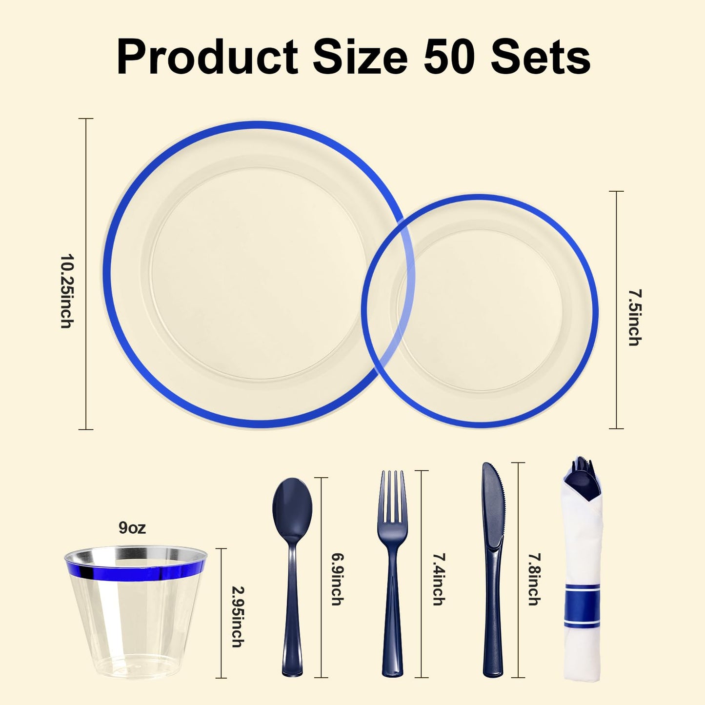 BESTSTAR 350PCS Clear and Blue Disposable Plates Set for 50 Guests, 100 Plastic Plates, 50 Cups, 50 Pre-Rolled Napkins with Plastic Cutlery for Graduation Party, Birthday, Thanksgiving, Christmas