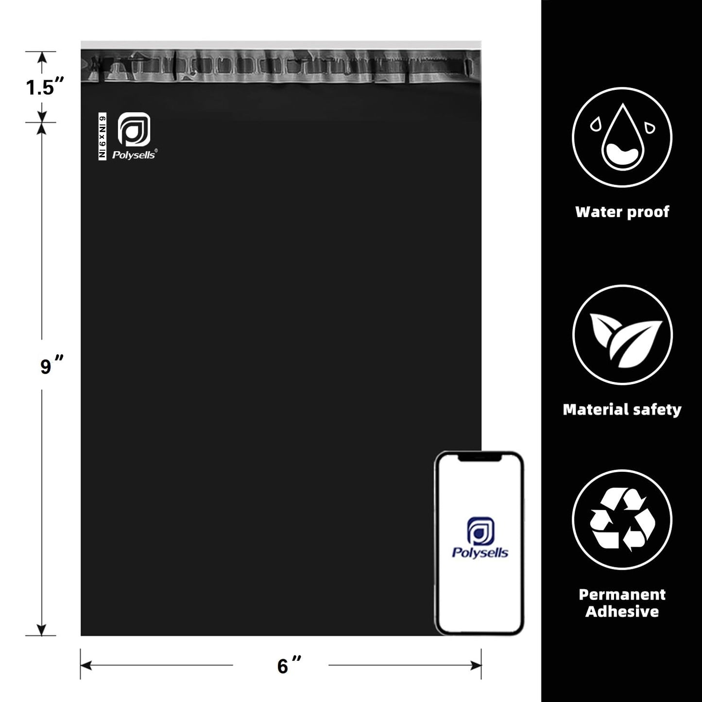 POLYSELLS 1000 pcs 6x9 Inches Black Poly Mailers Shipping Envelopes, Strong Adhesive Sealing, Waterproof, and Tear-resistant Postal Mailing Bags for Clothing, Books, and Accessories