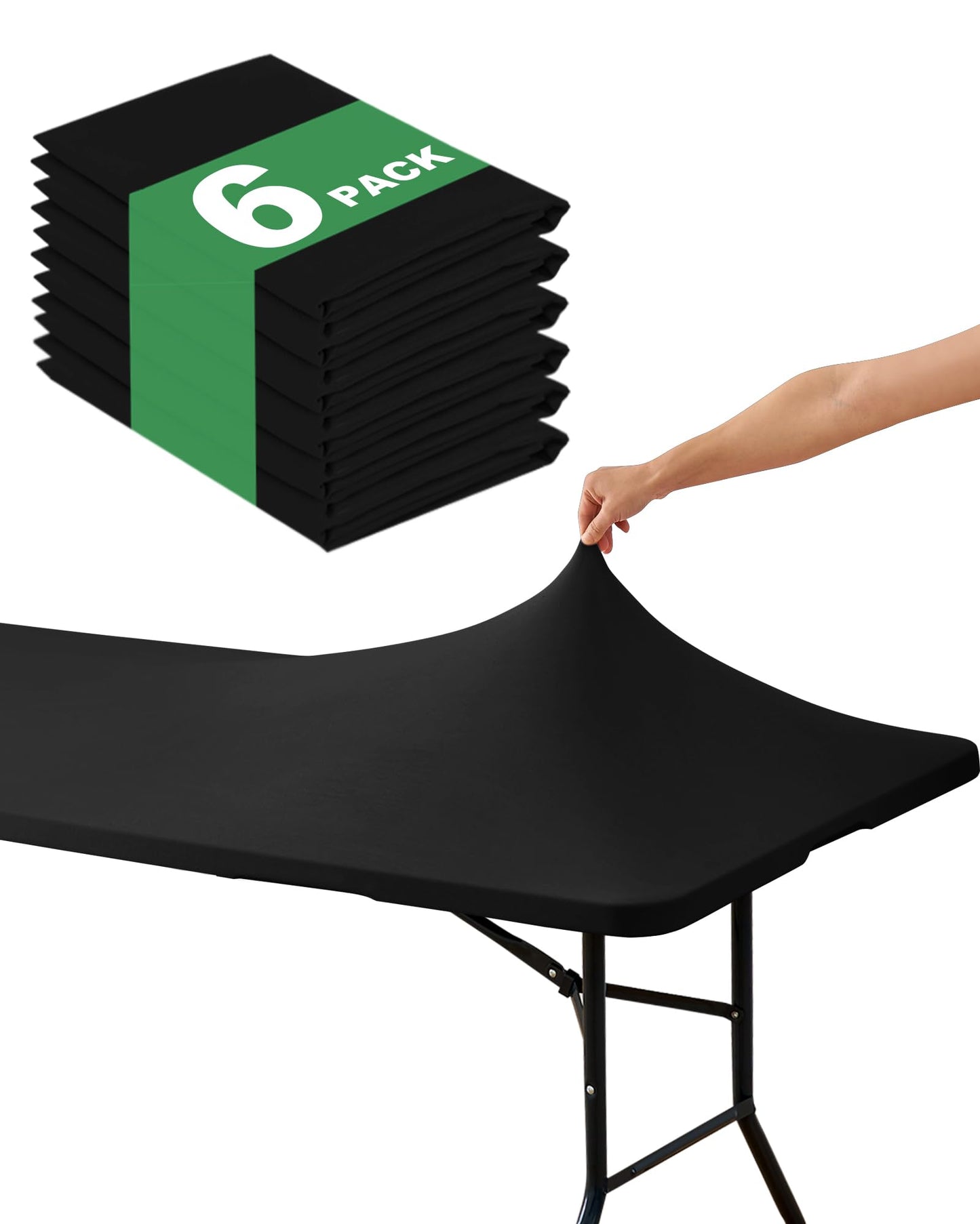 KeyWave Fitted Tablecloth Rectangle Table Cloths - 6 Pack 6 Foot Elastic Stretch Folding Table Top Cover Water-Resistant Reusable for Outdoor Picnic Camping Party Event, Black, 72" L x 30" W
