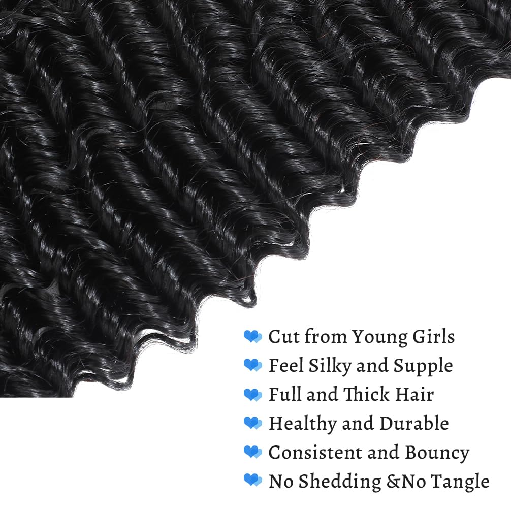 14A Deep Wave Bundles Human Hair 22 24 26 Inch, Full and Silky 100% Unprocessed Brazilian Virgin Human Hair Extensions Natural Black (Deep Wave Bundles, 22 24 26)