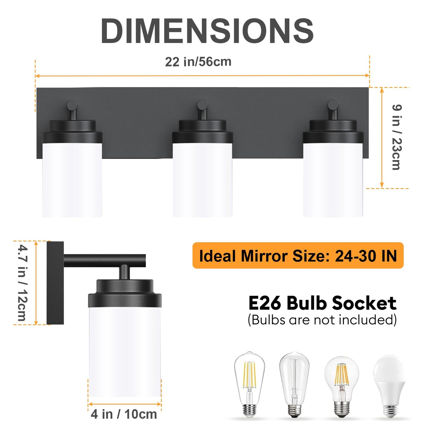 IZORRO Bathroom Vanity Light Fixture, 3-Light 22 Inch Matte Black Bathroom Light Fixtures Over Mirror, with White Glass Shade, Modern Farmhouse Vanity Lights, Rustic Restroom Lighting Fixtures
