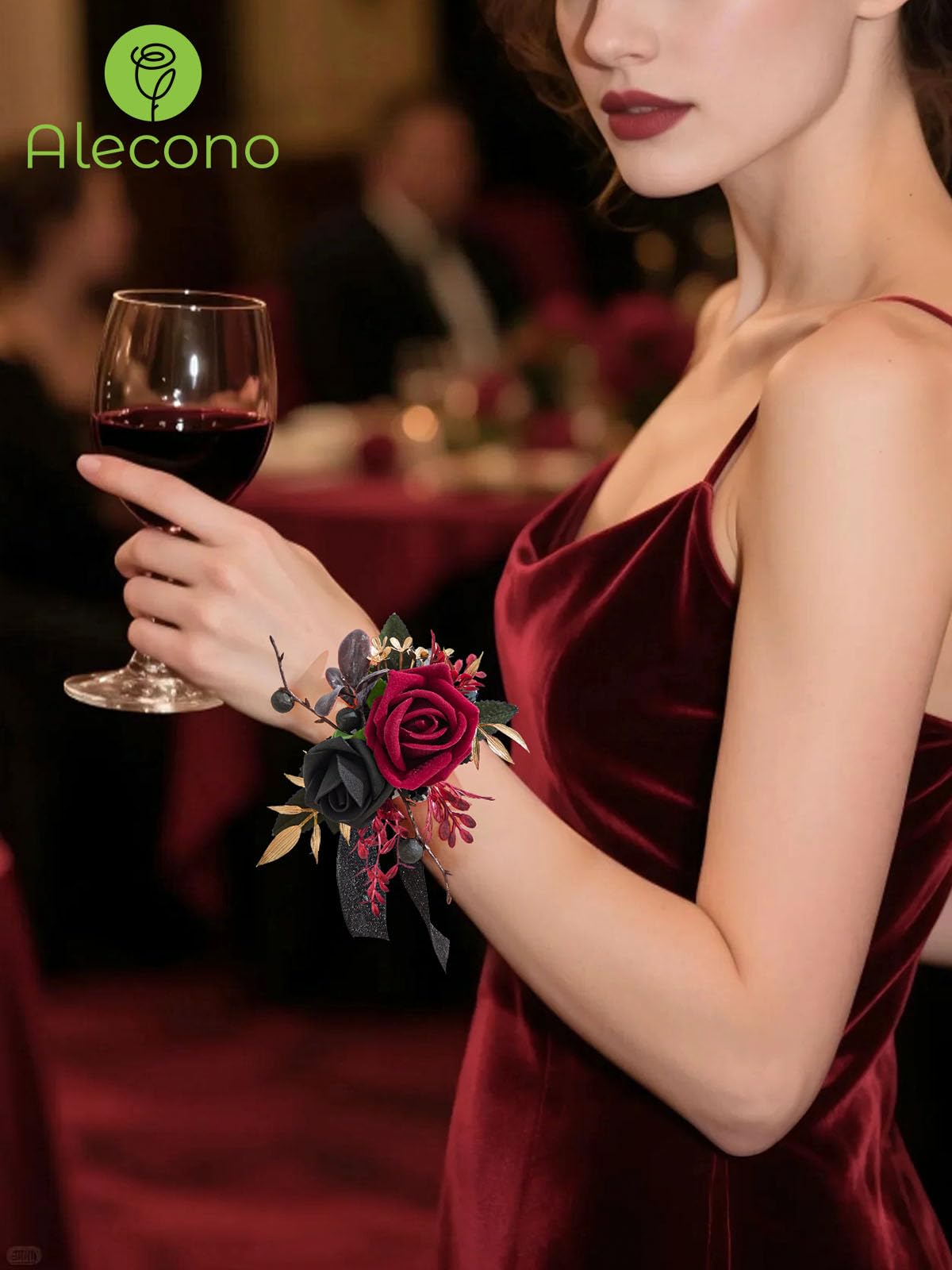 Alecono Burgundy Corsage and Boutonniere Set, Red and Black Rose Corsage Wristlet and Boutonniere for Wedding Prom Flower Accessories Suit Decorations