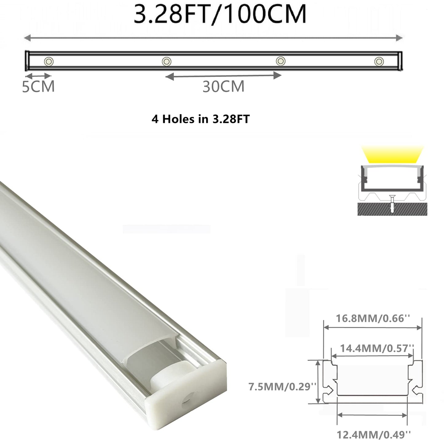 10-Pack Pre-Drilled Countersunk Hole 3.3FT LED Strip U Channel Diffuser, Hacksaw Easy Cut Tight and Flush Mounted Under Cabinet Tape Light Aluminum Low Profile with Screw and End caps (10)