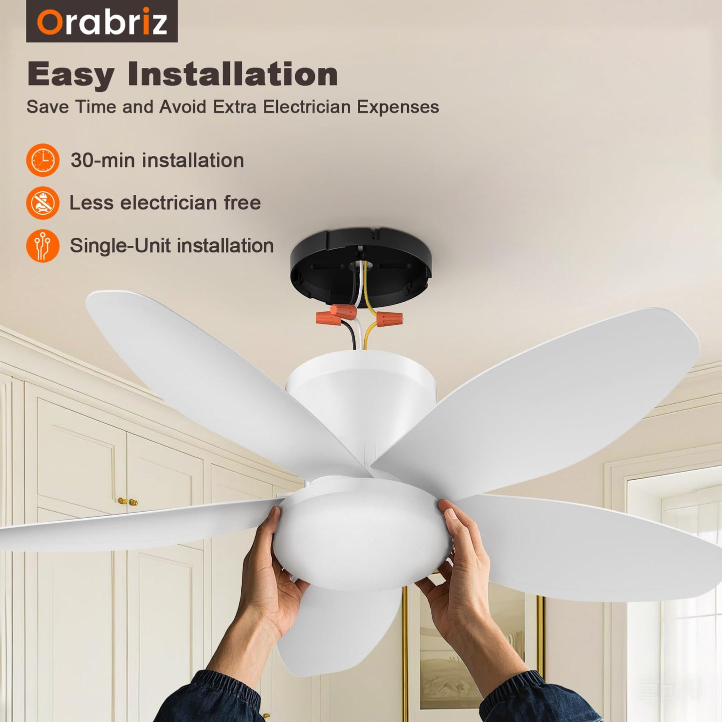 Orabriz 35 Inch Ceiling Fan with Lights and Remote Control, Quiet Modern Low Profile Fan Light with 6 Speeds, Dimmable LED, Reversible Blades for Bedroom Living Room Indoor/Outdoor, White