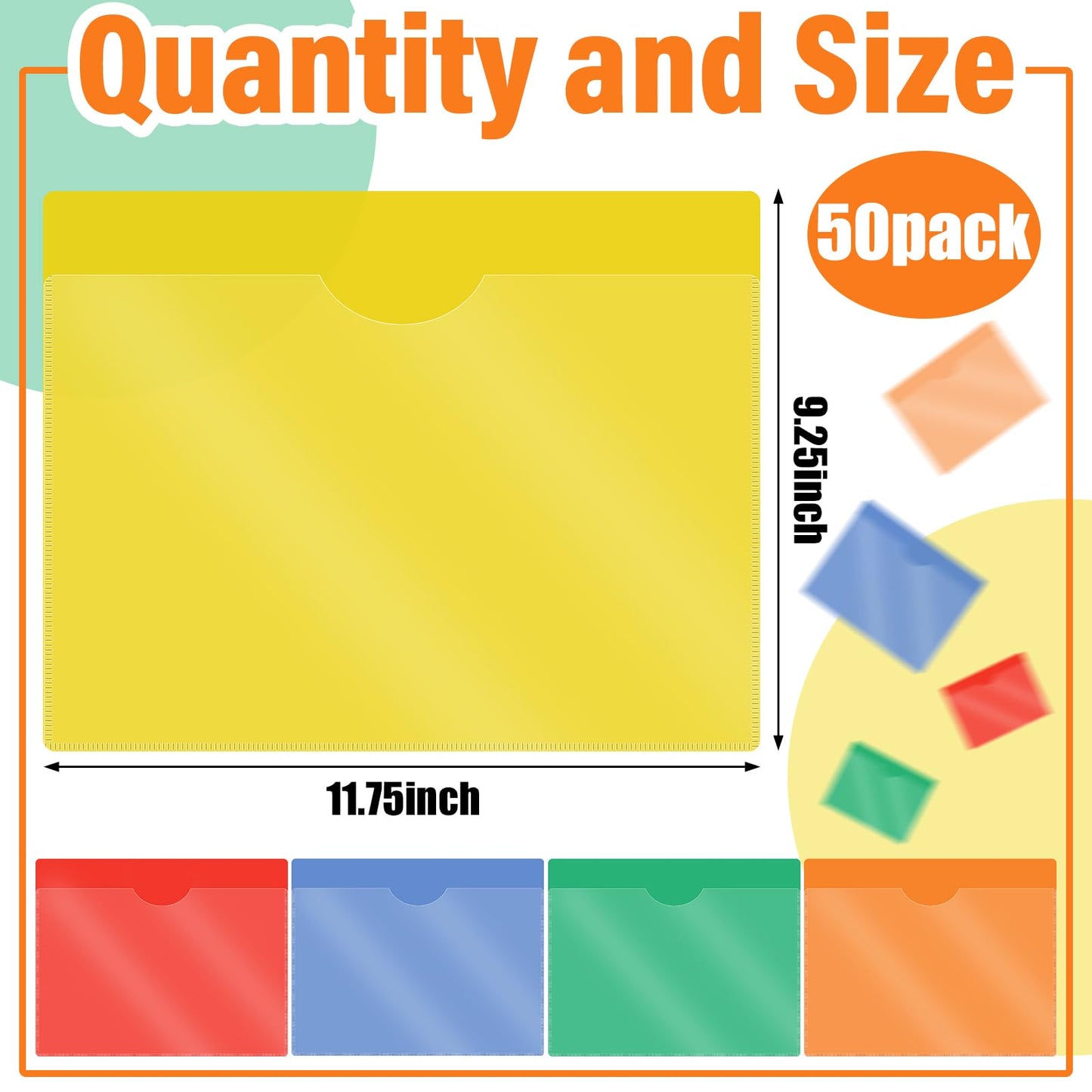 Kisston 50 Pack Heavy Duty Vinyl Plastic Folders with Clear Front Pocket File Jackets, Three Sided Closed, Letter Size Plastic Folders for Documents, 11.75 x 9.25 Inch (5 Colors)
