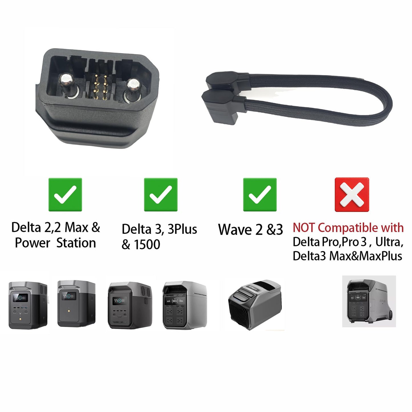 Extra Battery Connection Cable Compatible with Delta Max, Delta 2, Delta 3 (Plus/1500) & Wave 2/3 -Generator Power Cord, 20 Inchs,Gray Braided (Not Compatible with Delta Pro/Pro 3/Ultra/3 Max)