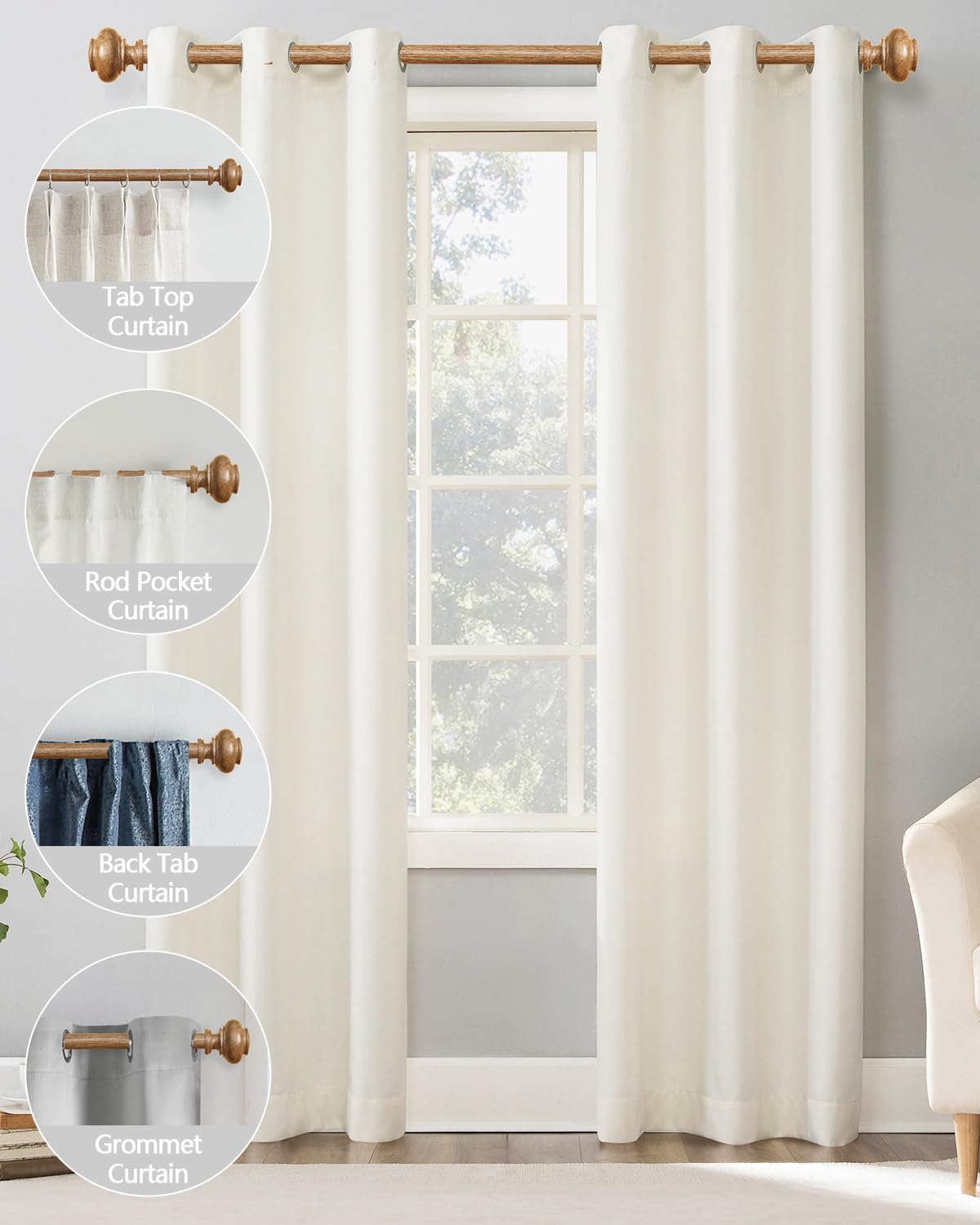 Wood Curtain Rods for Windows 48 to 84 Inch, 1 Inch Heavy Duty Curtain Rods with Imitation Wood Grain Finials, Boho Adjustable Drapery Rod, Decorative Farmhouse Rustic Single Window Curtains Rod
