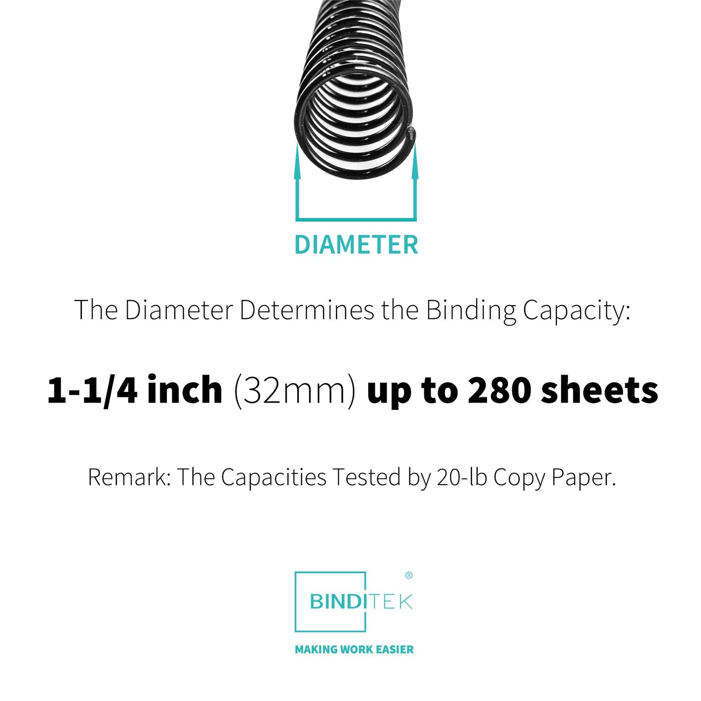 Binditek 50 Pack Plastic Spiral Binding Coils, 32mm (1-1/4"), 280 Sheet Capacity, 4:1 Pitch, Black, 48 Loops, for Letter Size, for Students and Coworkers