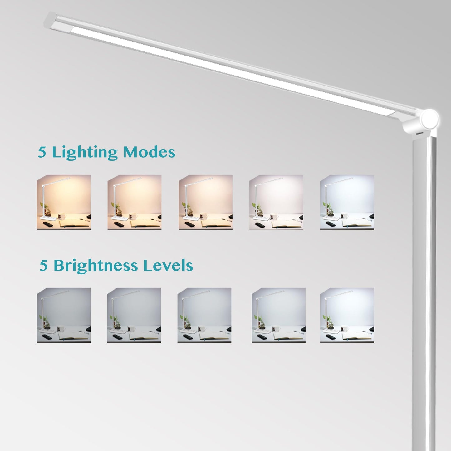 MCHATTE LED Desk Lamp with Wireless Charger, USB Charging Port, Dimmable Eye-Caring Desk Light with 5 Brightness Levels & 5 Lighting Modes, Touch Control, Auto Timer (White)