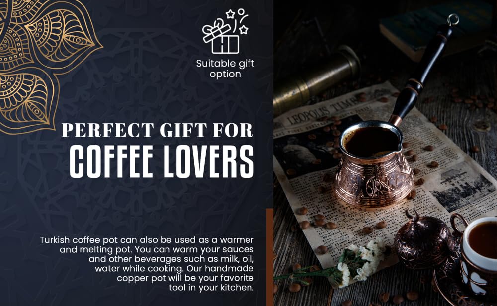 DEMMEX Copper Turkish Coffee Pot Cezve Ibrik Greek Coffee Briki Stovetop Coffee Maker with Wooden Handle & Spoon, 1mm Thick Copper, Handmade & Engraved in TURKEY, 9 fl Oz - 3 Servings
