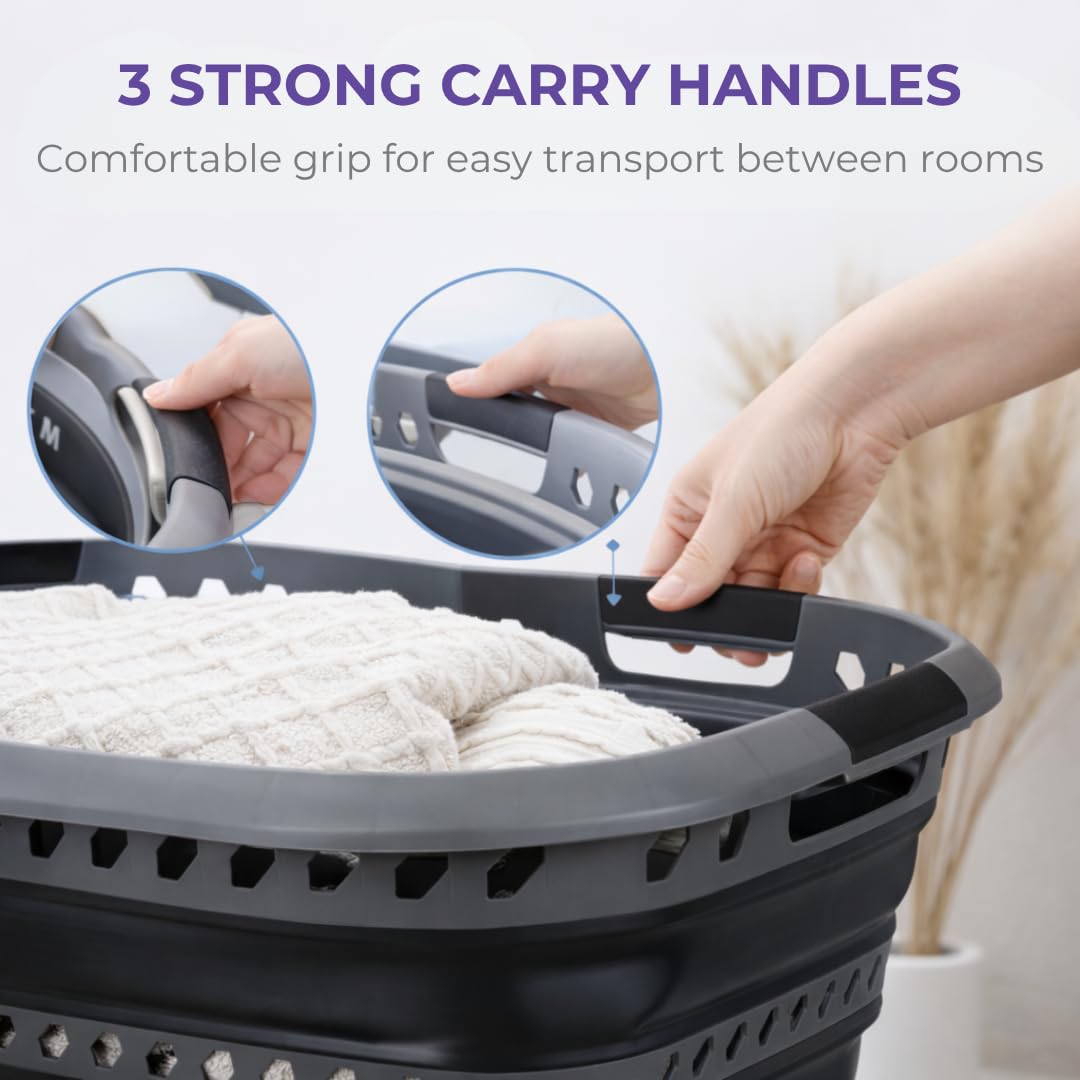 Laundry 360 Collapsible Laundry Basket 40L | Portable | Space Saver Storage | Hold 2 Loads | Store Under the Bed or Closet | Good for Kids | Dorm | Bedroom | Large | Grey/Black
