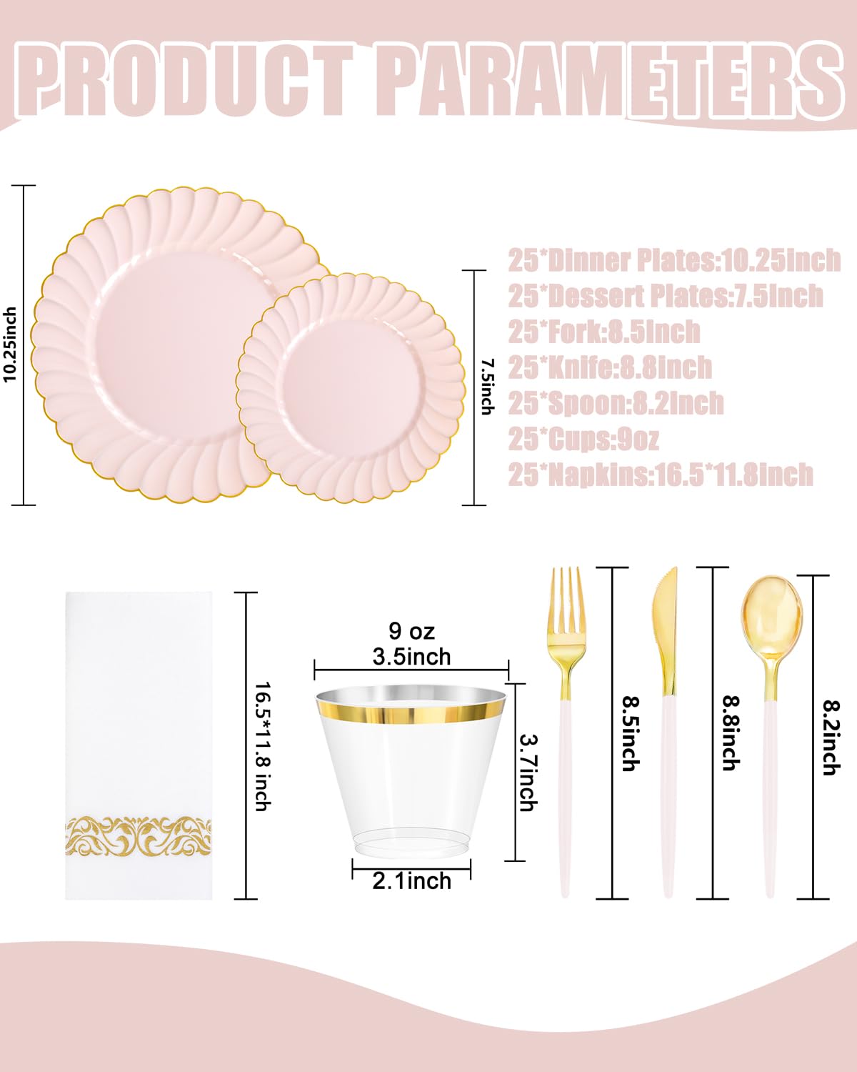 Ciaell 175 PCS Pink Scalloped Plastic Plates with Gold Trim - Pink Plastic Silverware with Handle - Fancy High-End Dinnerware Sets for Wedding & Baby Showers & Party