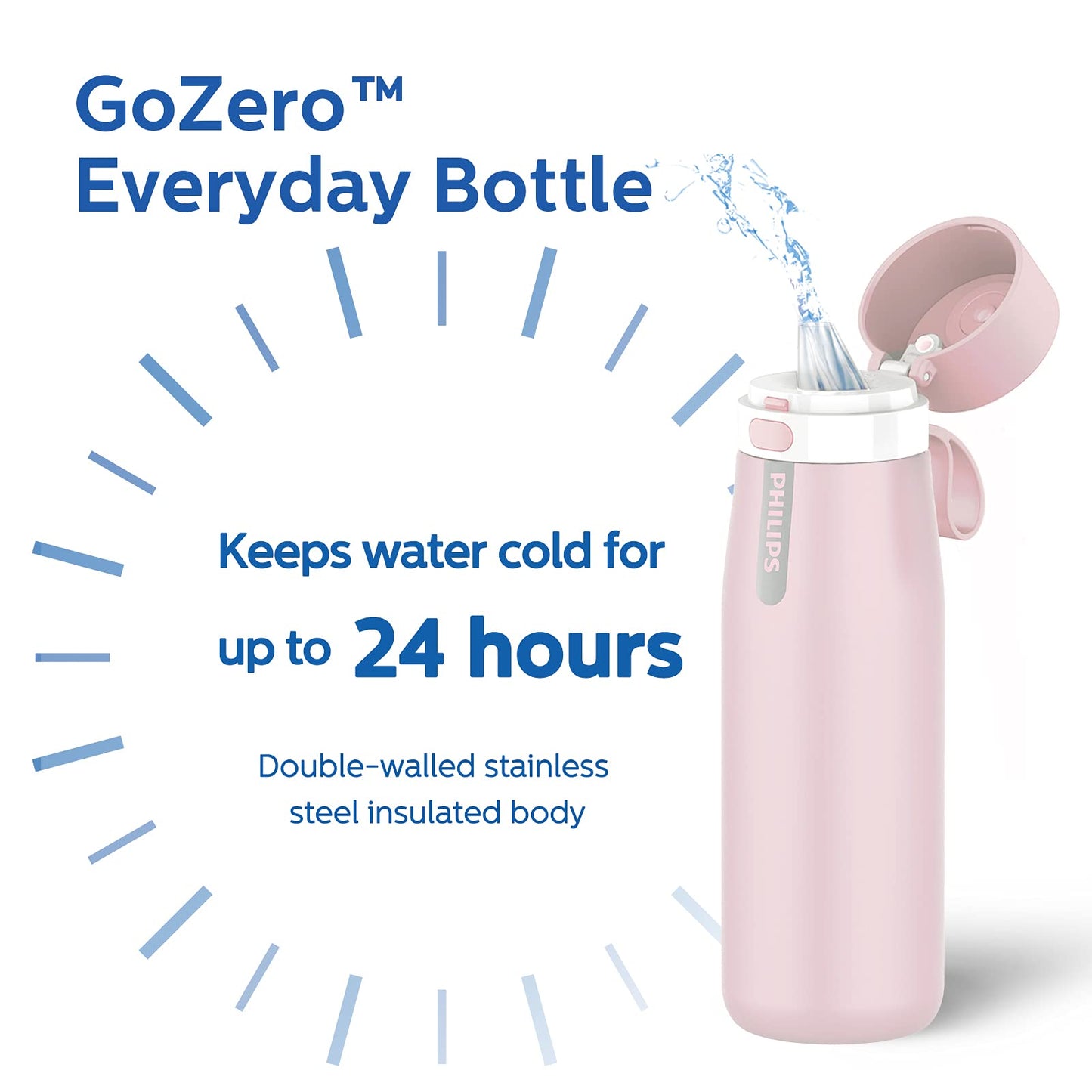 PHILIPS Water Bottle with Filter, Filter Water Bottle Stainless Steel with GoZero Everyday BPA-Free Tap Water Filter, Water Filter Bottle Keep Drink Cold 24 Hours, 3 Filters for 120 gal / 6 Months