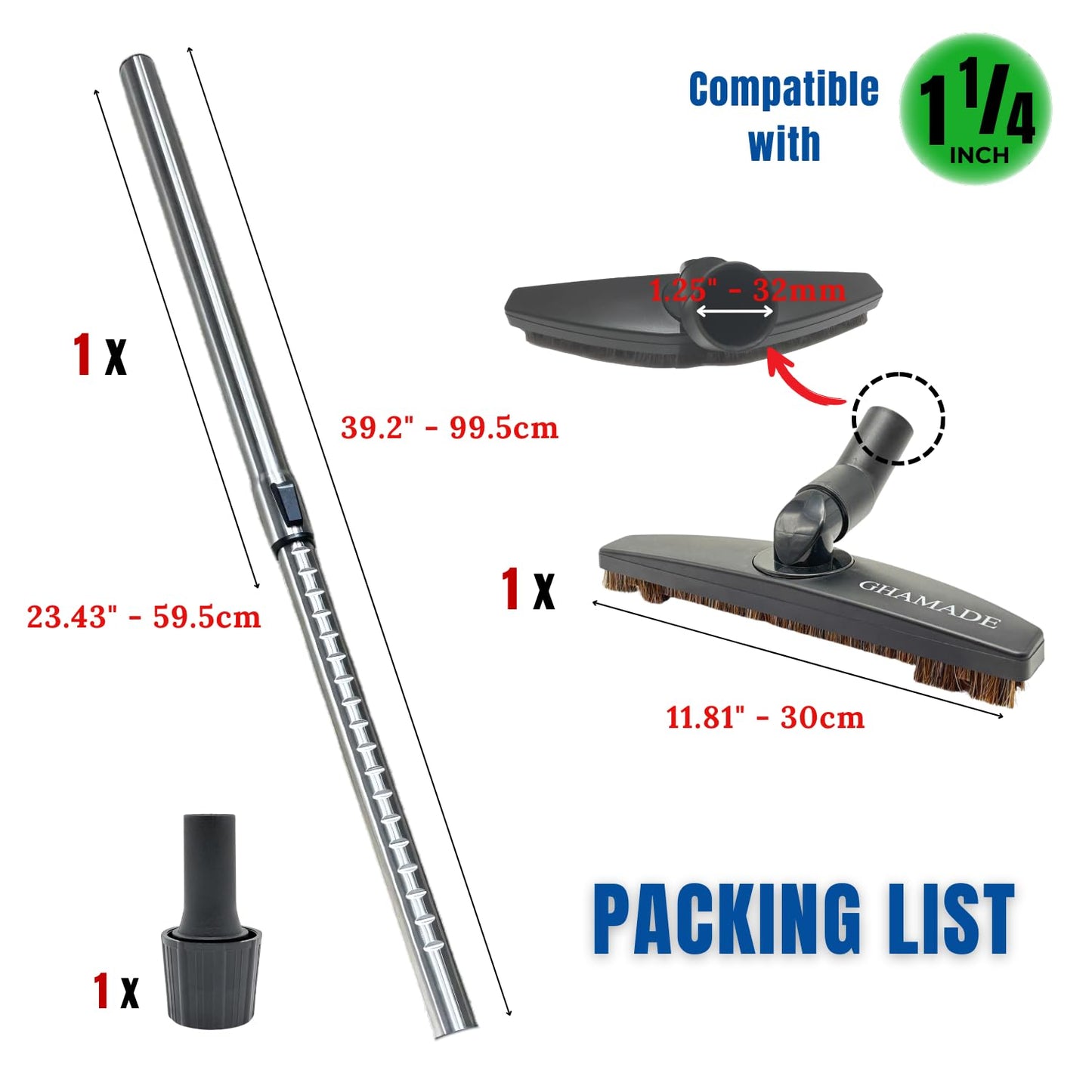 Vacuum Floor Brush & Extension Wand for Vacuum Cleaners with 1 ¼ inch (1.25'') (32mm) Inner Diameter with Horse Hair Soft Bristles - Hardwood Floor Attachment & Vacuum Extension Tube