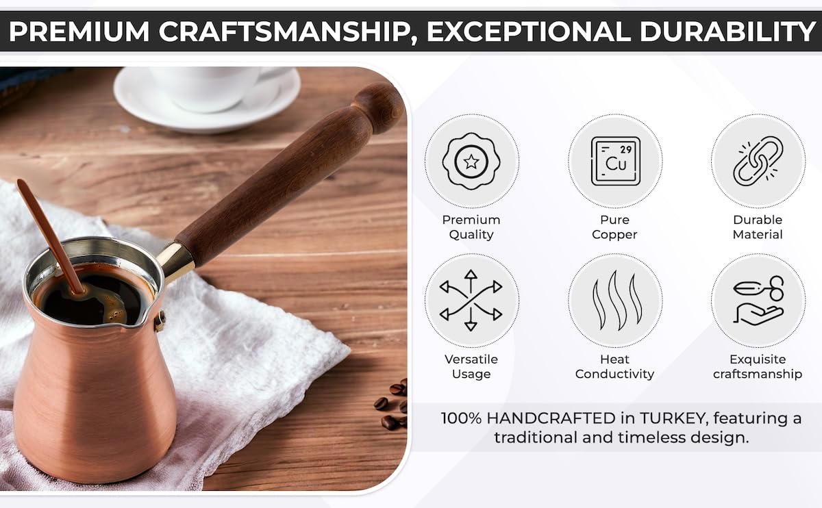 DEMMEX Brushed Copper Turkish Coffee Pot Cezve Ibrik Greek Coffee Briki Stovetop Coffee Maker with Wooden Handle & Spoon, 1mm Thick Copper, Handmade in TURKEY, 8 fl Oz - 3 Servings