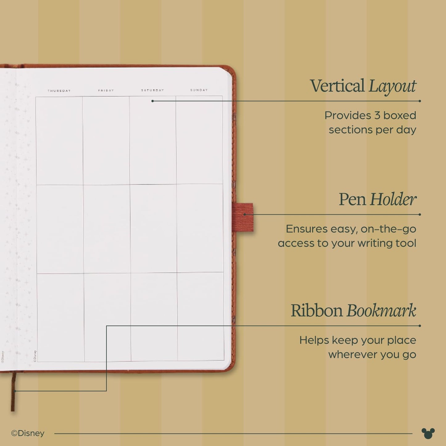 Happy Planner Disney Mickey 12-Month Undated Planner, Embossed Vegan Leather, Small Size, 6" x 8.5", Vertical Layout, Camel