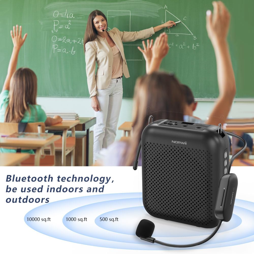 Voice Amplifier Wireless Microphone, 4000mAh Portable Rechargeable Bluetooth Mini Personal Speaker with 2 Headset Microphones for Teachers, Classroom, Meetings and Tour, Black
