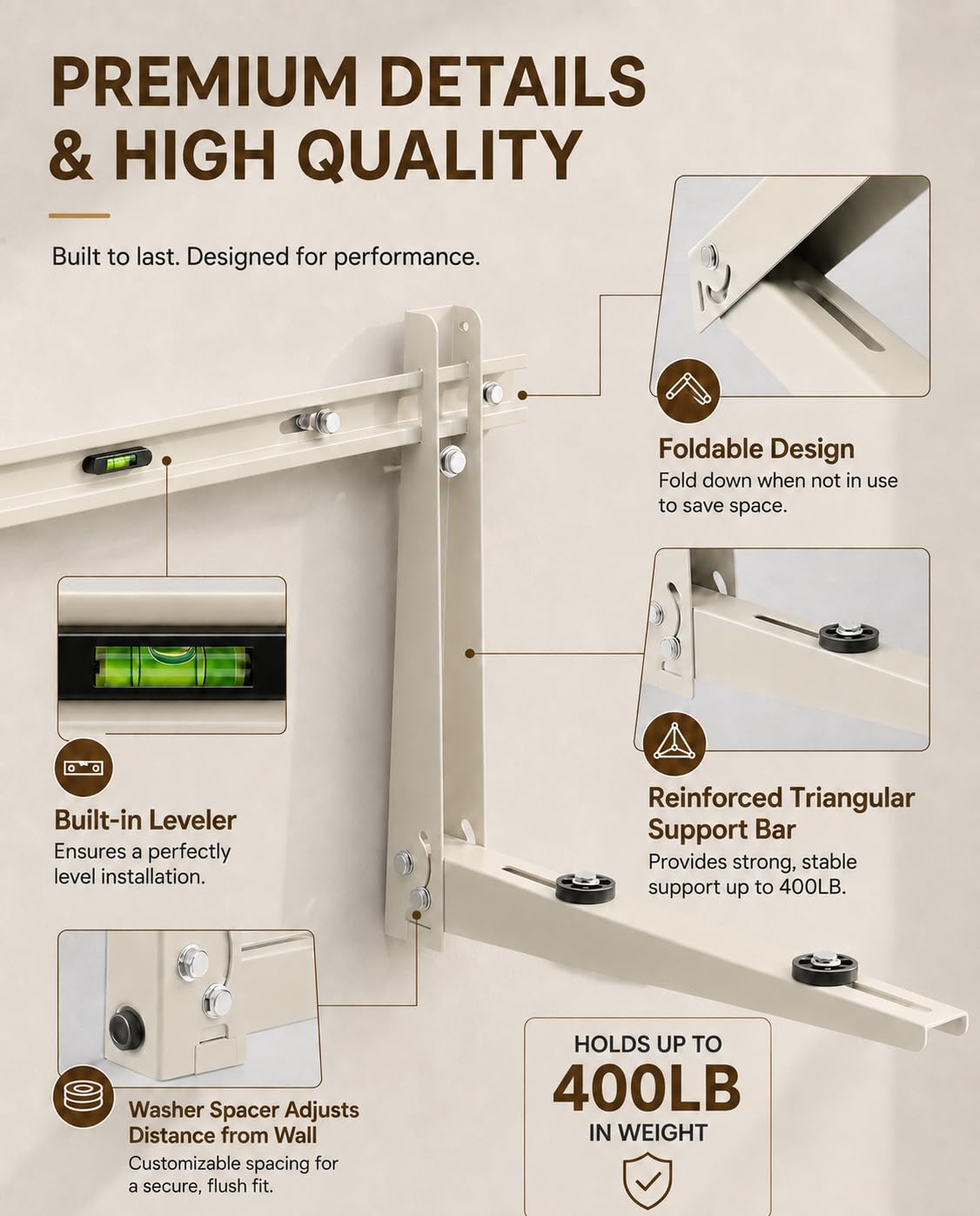 Heavy Duty Mini Split Wall Mounting Bracket for Outside, 400lb Load Capacity, Galvanized Carbon Steel, Dual Anti-Rust Coating, Leveling Bar, Anti-Vibration Pads, Fits 7000–12000 BTU AC Units