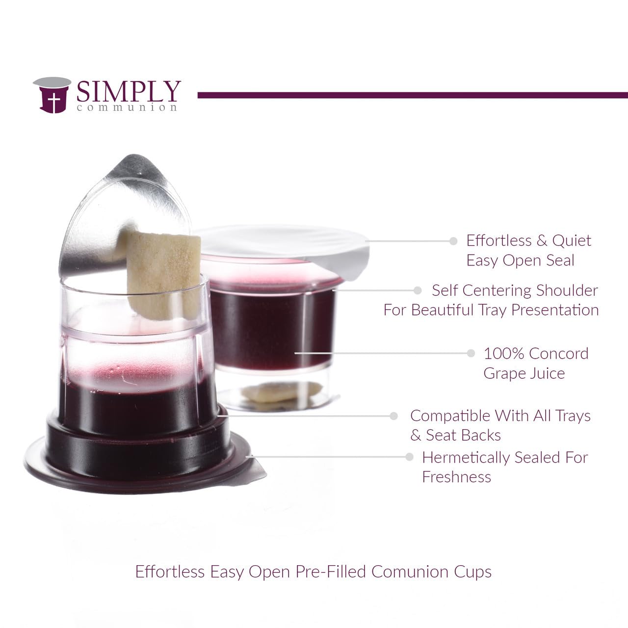 Simply Communion Prefilled Communion Cups 100 Count | Tray & Seatback Pew Compatible | Concord Grape Juice & Bread | Easy-Open