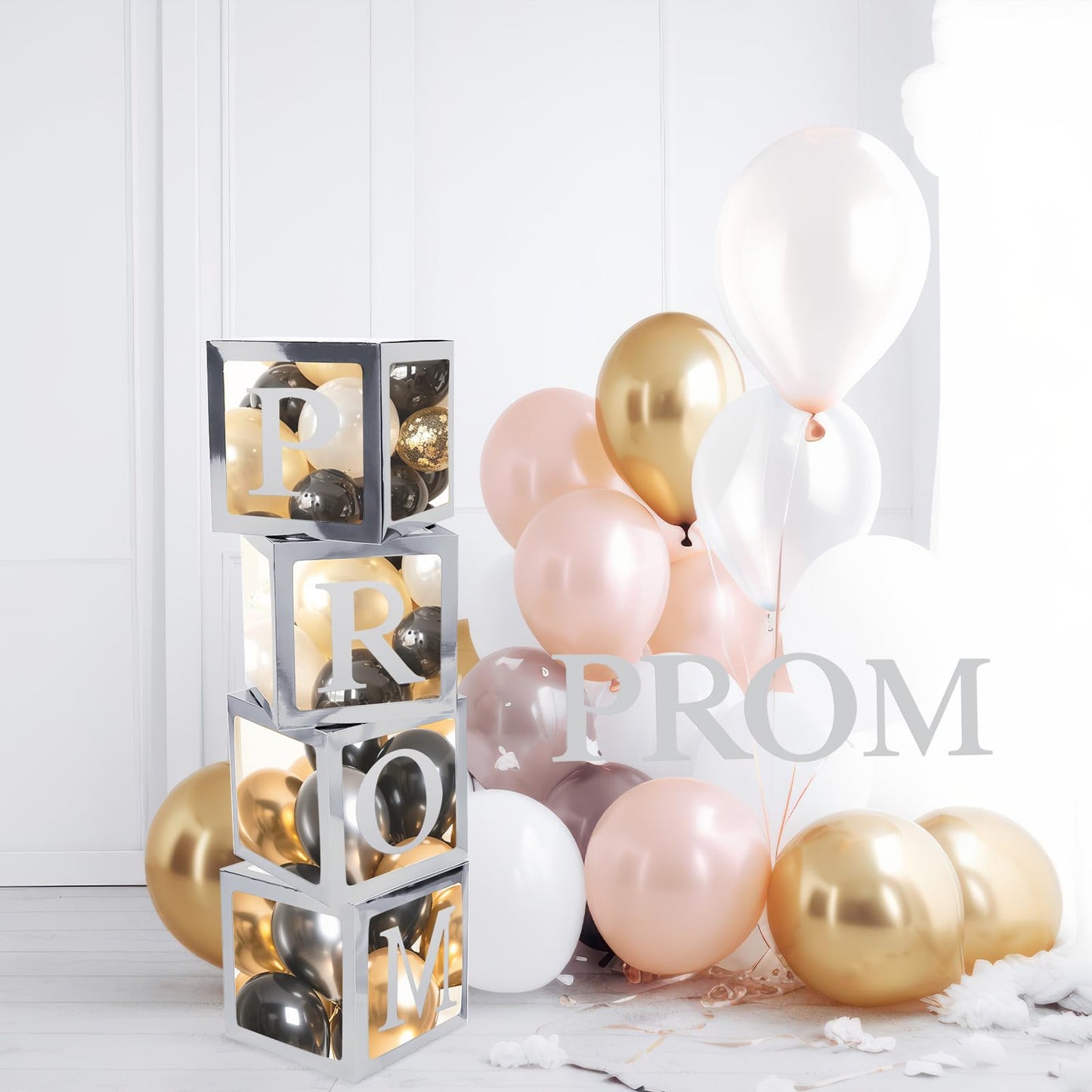 Trandraft 4 Pcs Prom Boxes with Letters 11.8 x 11.8 x 11.8 Inch Clear Balloon Boxes Transparent High School College Graduation Party Favors Supplies(Prom,Silver)
