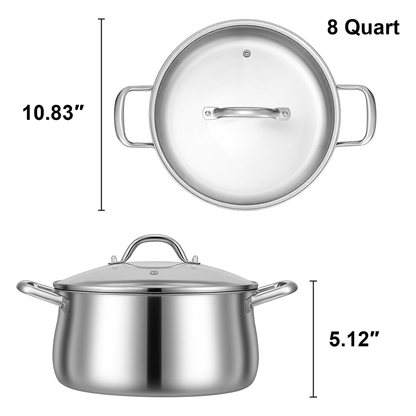 Tifanso Tri-Ply 8 Quart Stainless Steel Stock Pot - Heavy Duty Large Induction Cooking Pot with Lid for Pasta, Soup, Spaghetti, Nonstick Deep Stockpot, Kitchen Cookware for Simmer, Canning, Boiling