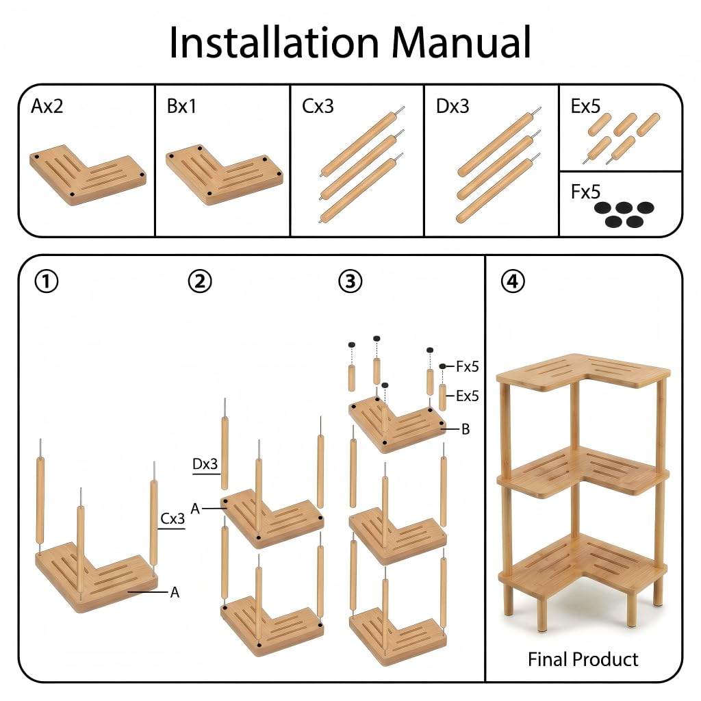 JEDULAR Bamboo Corner Shower Caddy Stand 3-Tier, Standing Shower Organizer with Anti-Slip Feet, Waterproof & Durable Bathroom Shower Shelf, Space-Saving Design Storage for Kitchen or Living Room