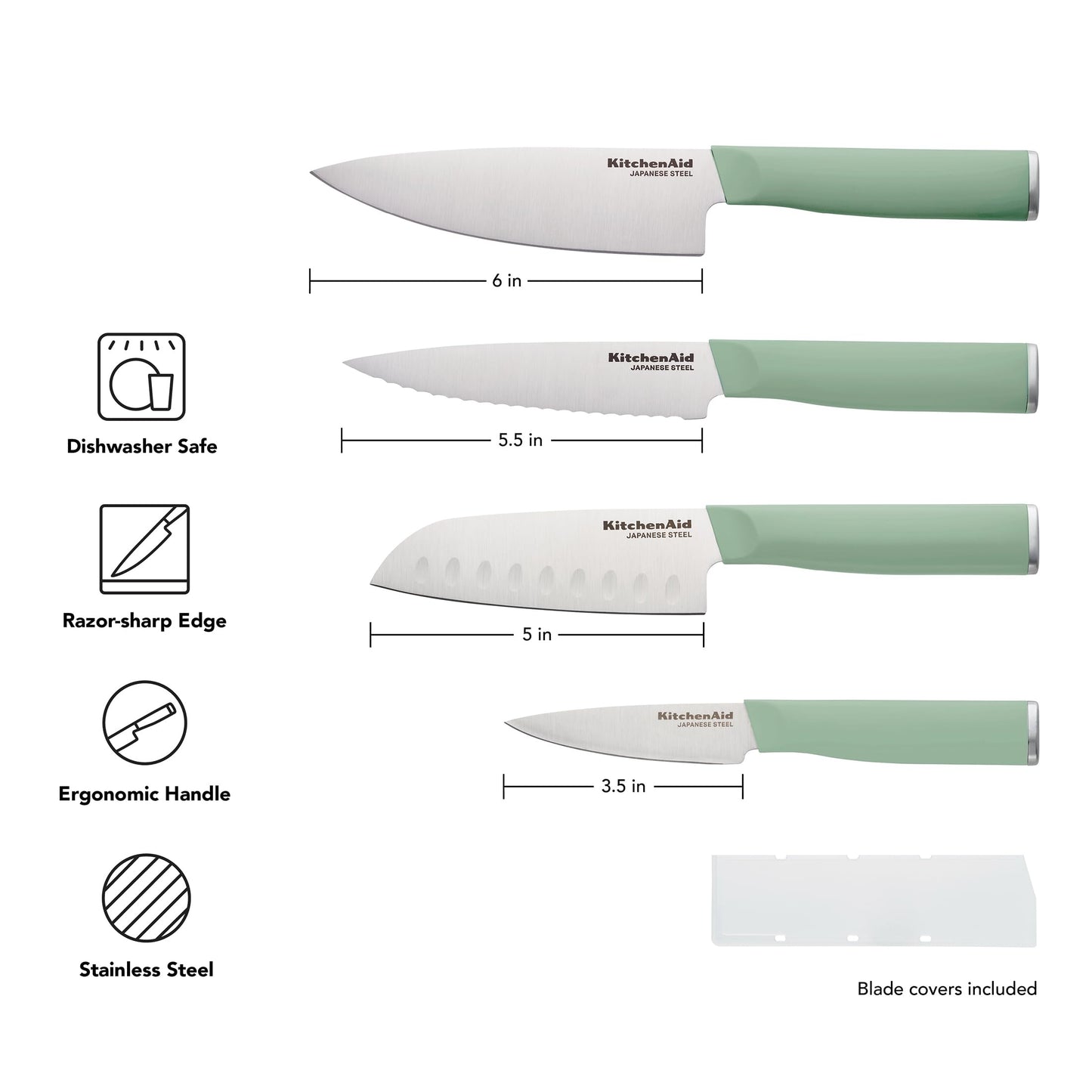 KitchenAid Chef Set with Custom Fit Covers, Sharp Kitchen Knife, Japanese Stainless Steel Blade, 4 Piece, Pistachio