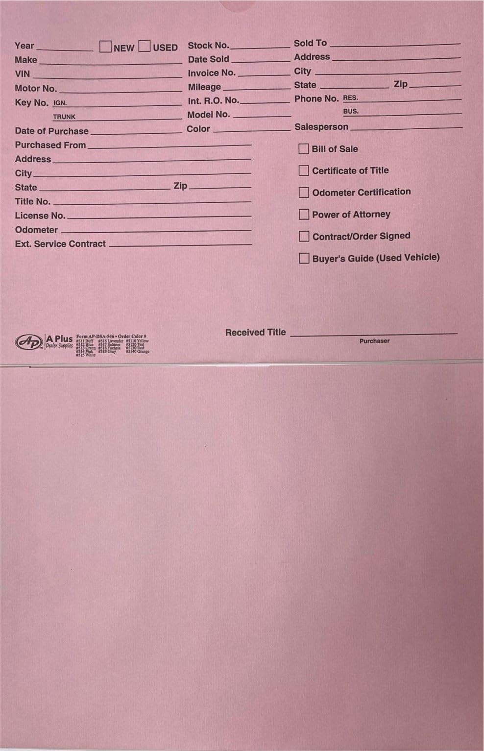 A Plus Dealer Supplies Vehicle Printed Dealer Jackets #514 DSA-546 Pink, 100 Quantity (U2T*)