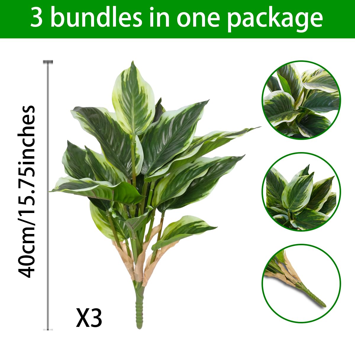 OTATOT 3PCS Artificial Tropical Green Plants – 15.75" Fake Hostas Outdoor Artificial Plants, UV Resistant, Faux Green Leaf Stems for Porch, Patio, Balcony, Garden Planter or Indoor Décor