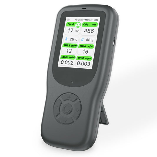 11-in-1 Air Quality Monitor - Portable Indoor Air Quality Detector with Stand, Real-Time Test for AQI, CO2, PM2.5, PM1.0, PM10, TVOC, HCHO, Particles, Temperature & Humidity with Aler (Black-White)