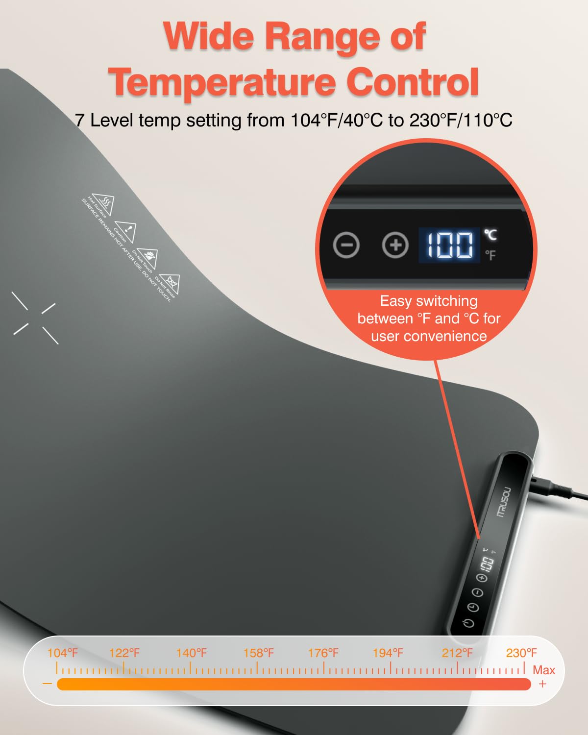 Food Warming Mat, iTRUSOU 27.5x16'' Electric Warming Tray with 7 Temp-Settings, 1-99h Flexible Timer, Switchable °F/°C, Rollable Food Warmer Keep Food Warm at Buffet, Party, Sabbath, Daily Use