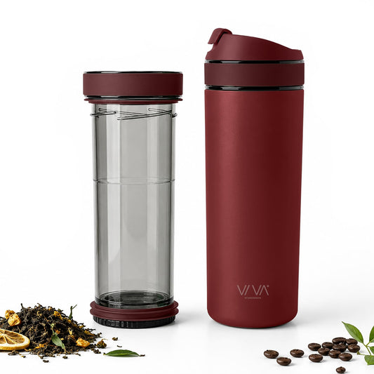 VIVA Recharge Fathers Day Tea Infuser Bottle, Gift for Dad, 16 oz Insulated Stainless Steel Travel Tumbler with Infuser, Hot & Cold Tea & Coffee, Patented Steep Control - Cranberry
