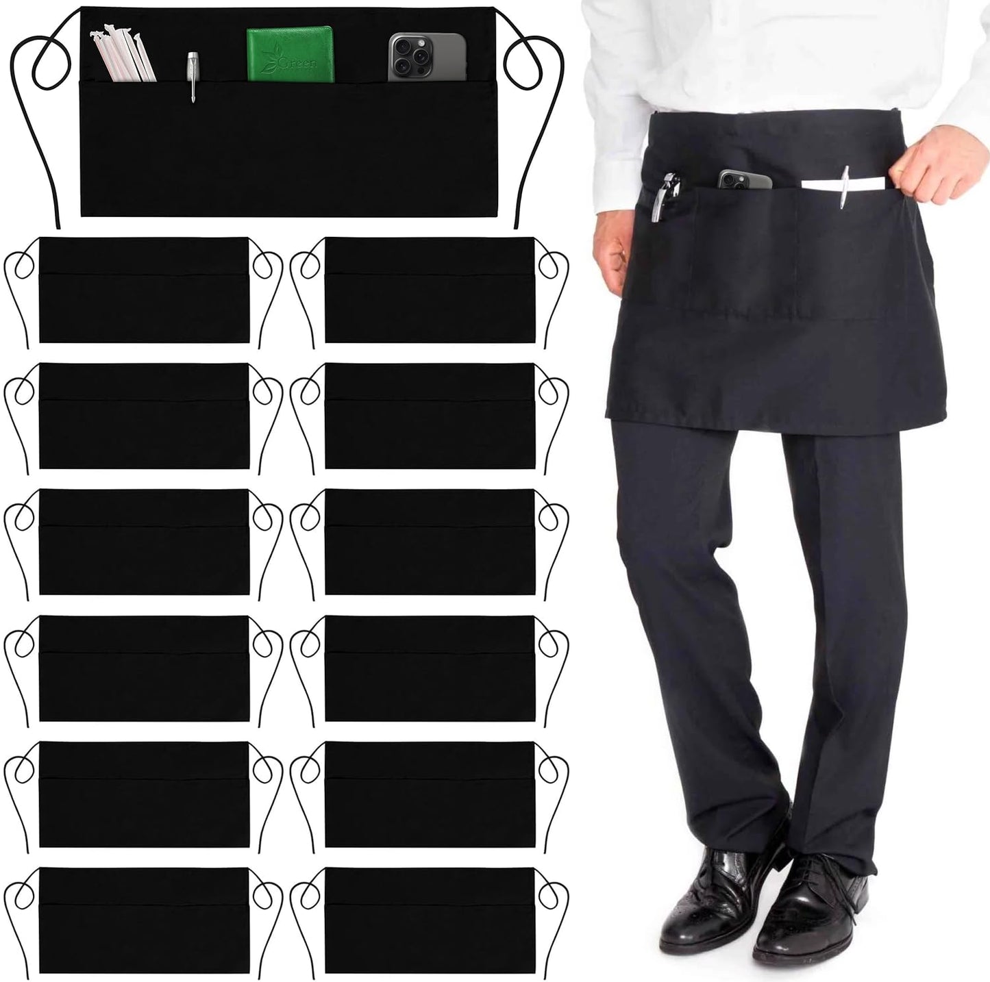 GREEN LIFESTYLE Server Aprons with 3 Pockets - Waist Apron, Waitress Apron for Women and Man, Water Resistant with Long Waist Strap Reinforced Seams, Half Apron (12 Pack - Black)