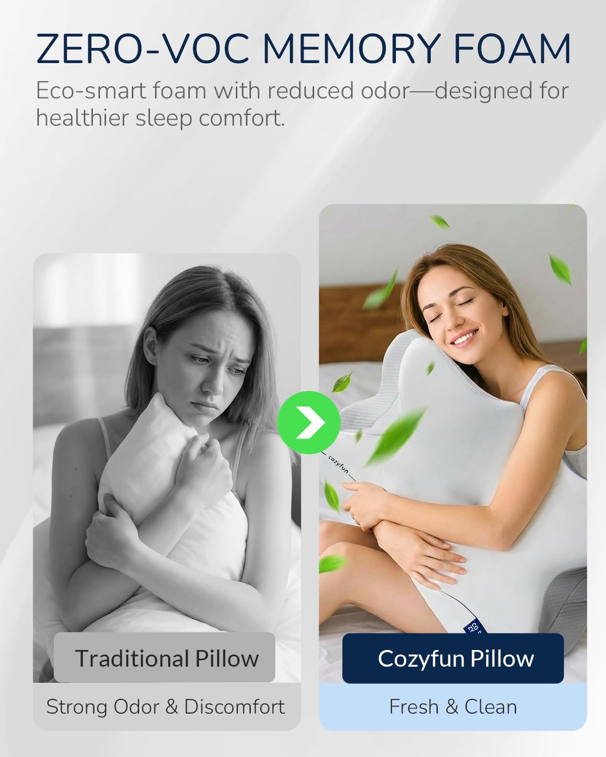 Cozyfun Cervical Neck Pillow for Side & Back Sleepers, Ergonomic Memory Foam Pillow for Sleep Apnea, Neck Pain Relief, Neck Support Pillow with Washable Pillowcase, Supportive Bed Pillow for Neck
