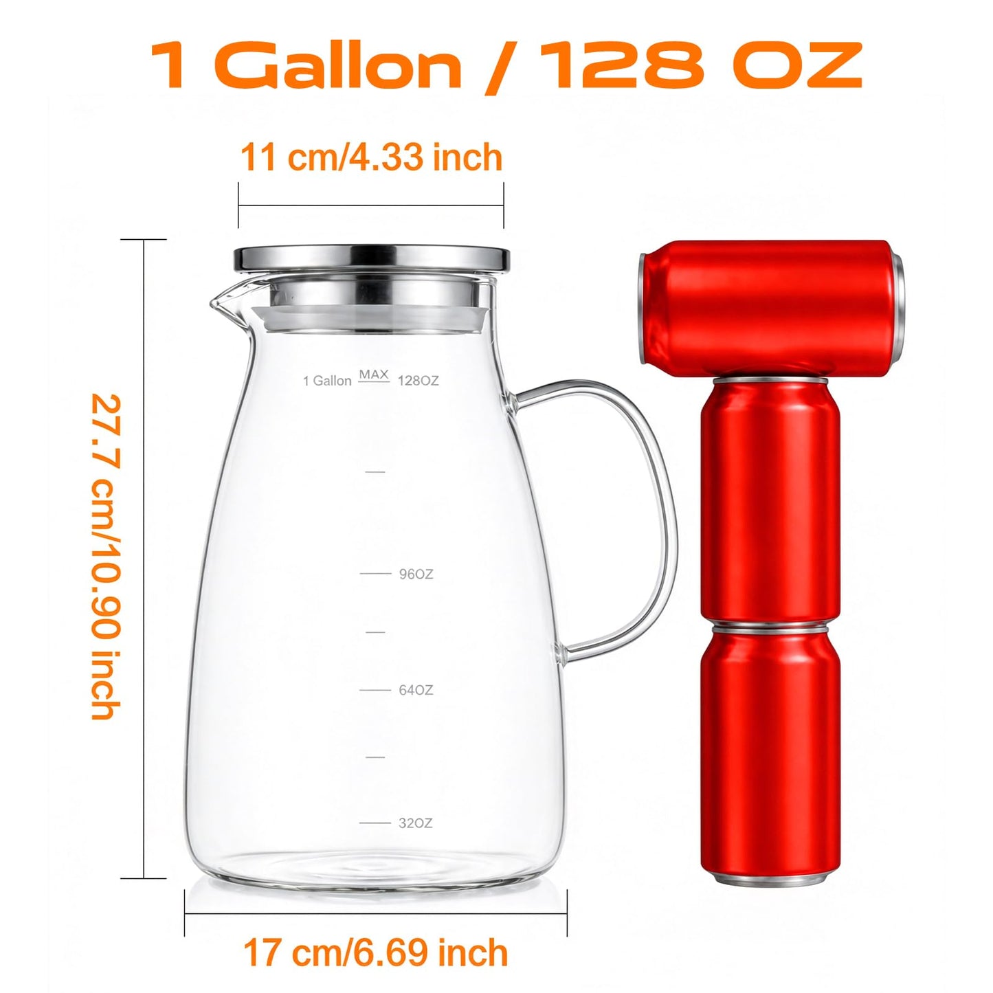 1 Gallon 128oz Glass Pitcher, Water Pitcher with Lid and Spout, Glass Carafe for Hot/Cold Drink, Water Jug for Iced Tea, Coffee, Juice, Milk, Beverage (Extra-Wide Mouth)