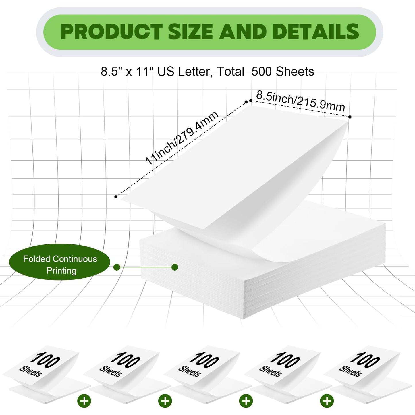 ForraFun Thermal Printer Paper 8.5 x 11 Inch 500 Sheets Quick Dry Folding Thermal Paper Us Letter, Compatible with M08F/A40/P40/F2S/F1S Portable Printer, Folded Continuous A4 Printing