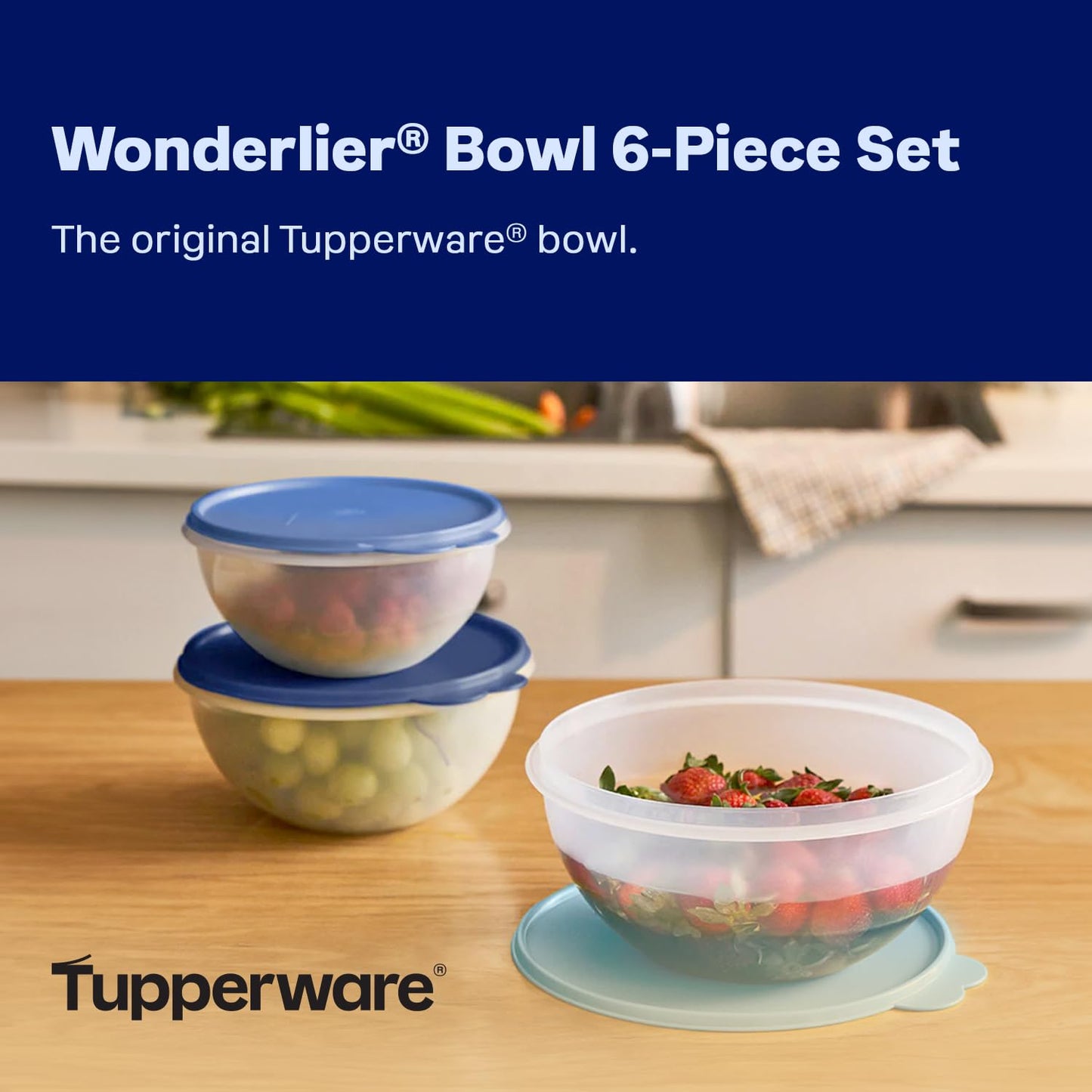 Tupperware Heritage Wonderlier 12 Piece Food Storage Bowl Set in Clear/Blue, Dishwasher Safe and BPA Free (6 Bowls, 6 Lids)