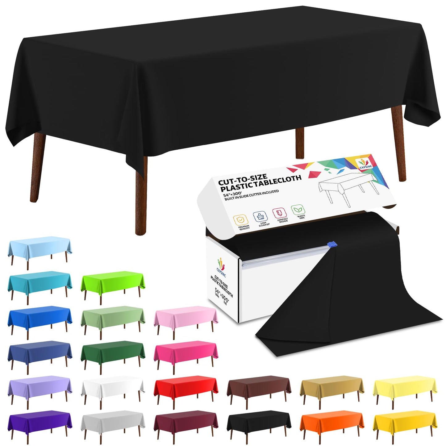 CXPSINC 54 Inch X 300 Feet Plastic Table Cover Roll Disposable Tablecloth with Slide Cutter for All Type/Shape Tables | Party, Banquet, Birthdays, Weddings(Black, 300 Feet)